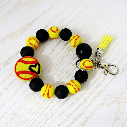 softball-wristlet-keychain-yellow-softball-heart-beads-black-yellow-round-beads-pink-tassel-acrylic-keychain-accessory