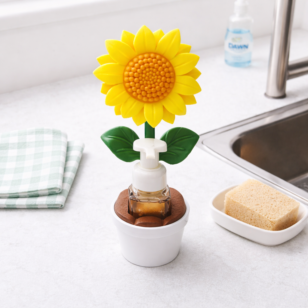 Sunflower Foaming Soap Holder - Floral Kitchen & Bathroom Decor - side angle showing product shape