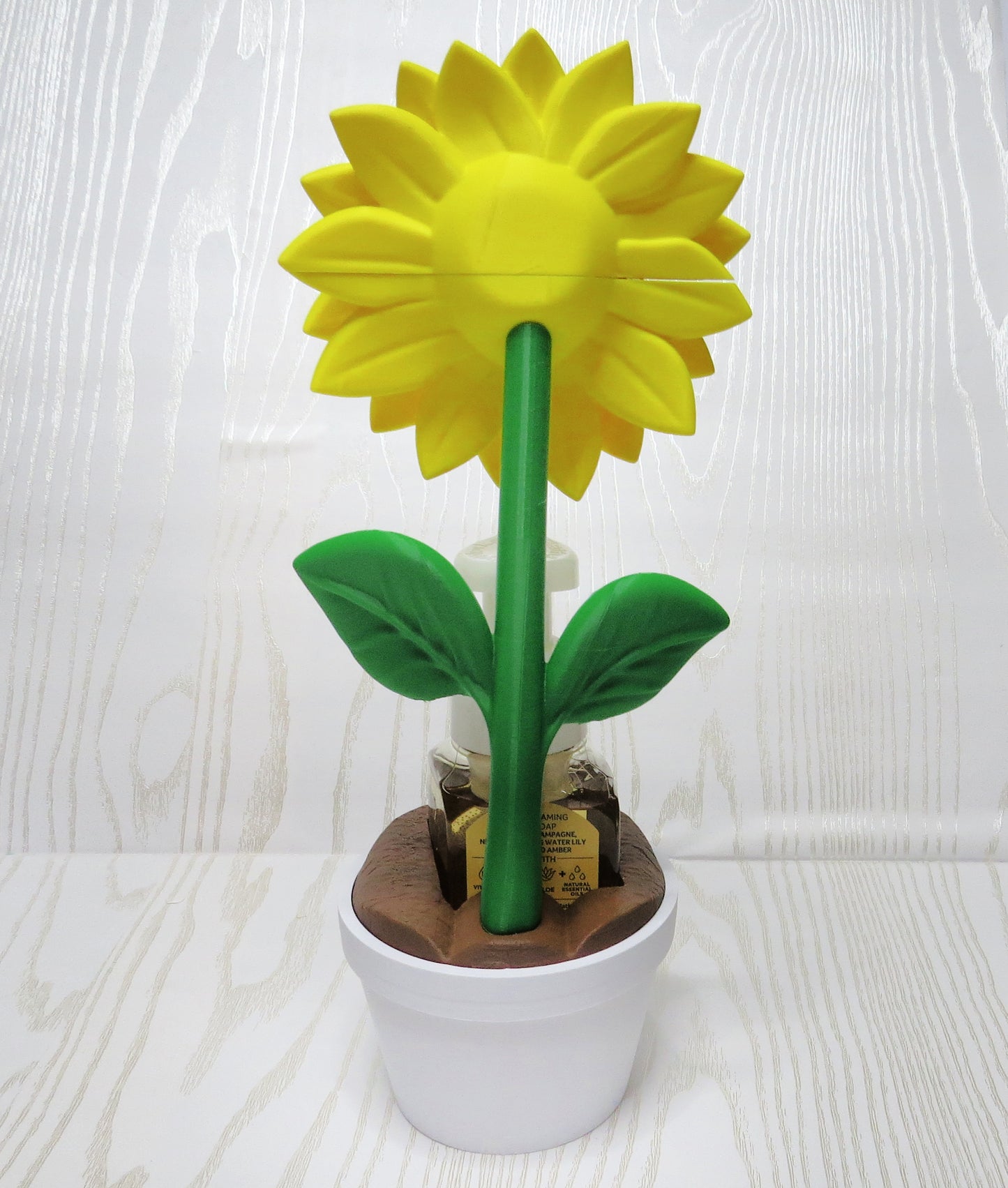 Sunflower Foaming Soap Holder - Floral Kitchen & Bathroom Decor - lifestyle with soap bottle inserted