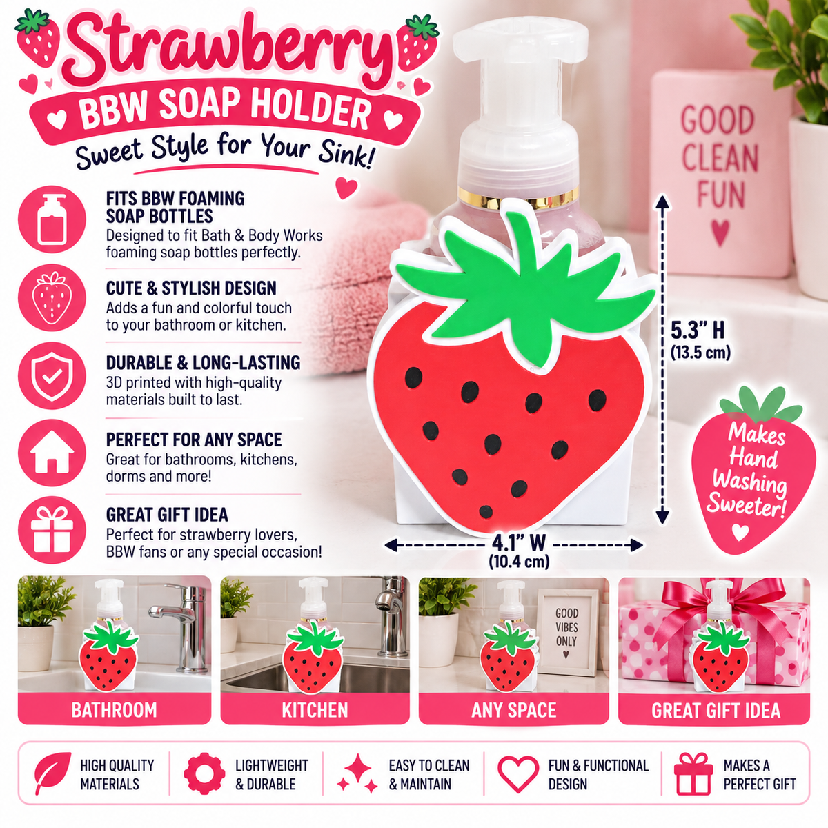 Strawberry Foaming Soap Holder — Fruit Themed Bathroom Decor for BBW Bottles