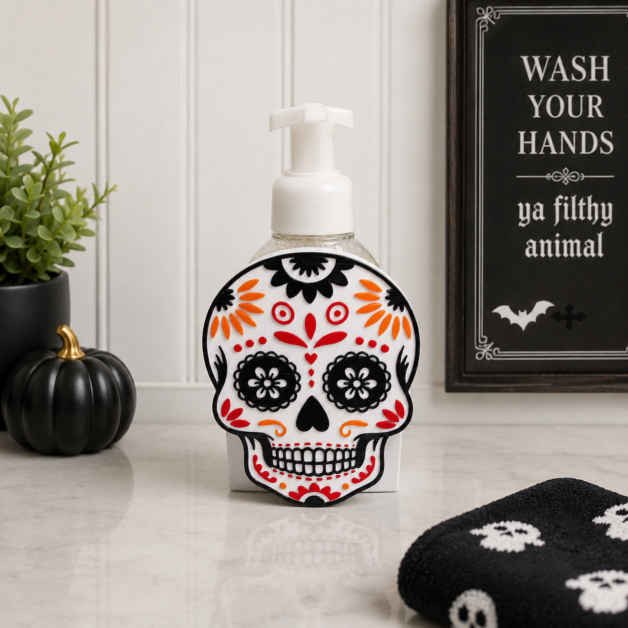 Sugar Skull Foaming Soap Bottle Holder – Cute 3D Printed Day of the Dead Floral Sugar Skull – Bath and Body Works Foaming Soap Dispenser Stand – Halloween Gothic Boho Bathroom Kitchen Counter Decor – Día de los Muertos Gift