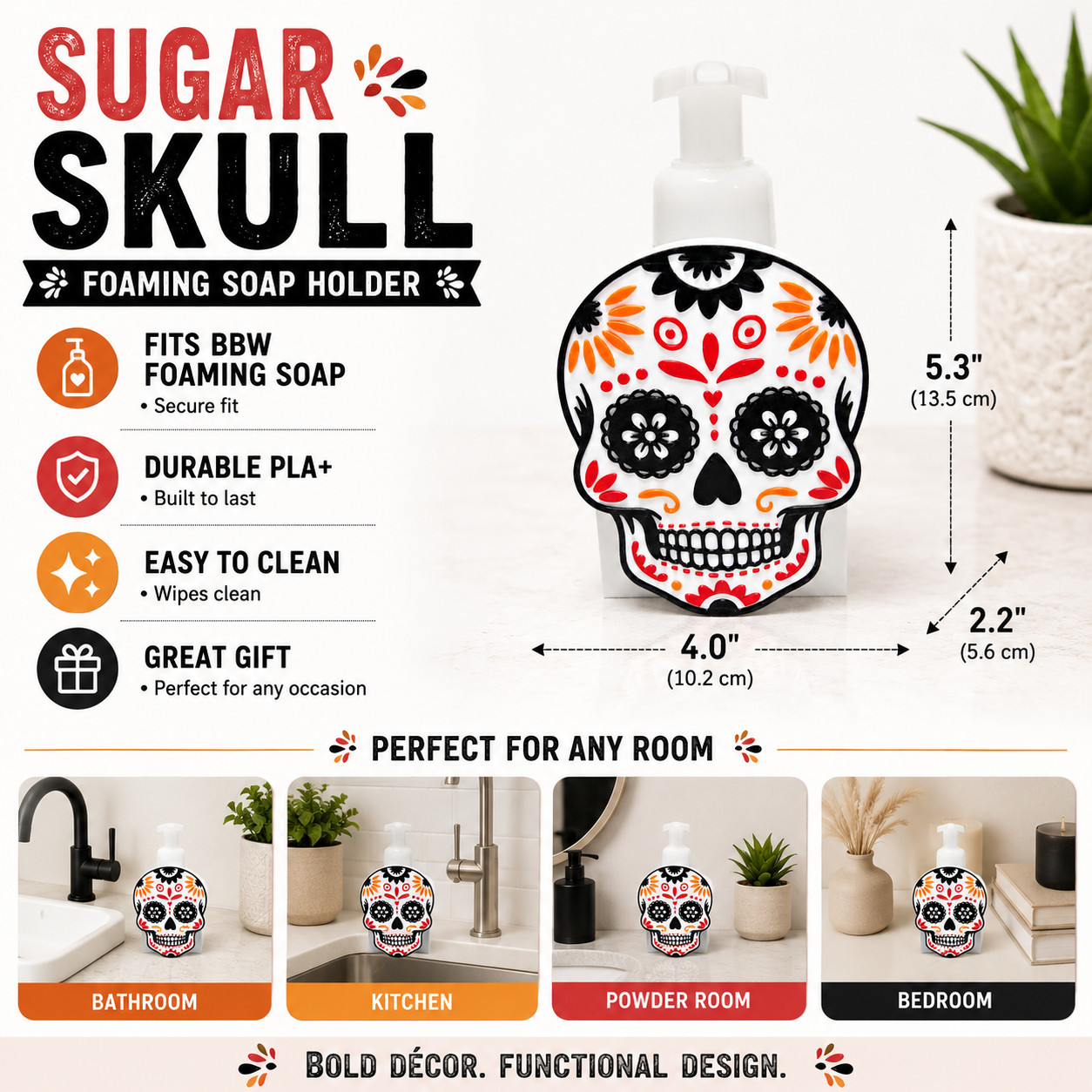 Sugar Skull Foaming Soap Bottle Holder – Cute 3D Printed Day of the Dead Floral Sugar Skull – Bath and Body Works Foaming Soap Dispenser Stand – Halloween Gothic Boho Bathroom Kitchen Counter Decor – Día de los Muertos Gift