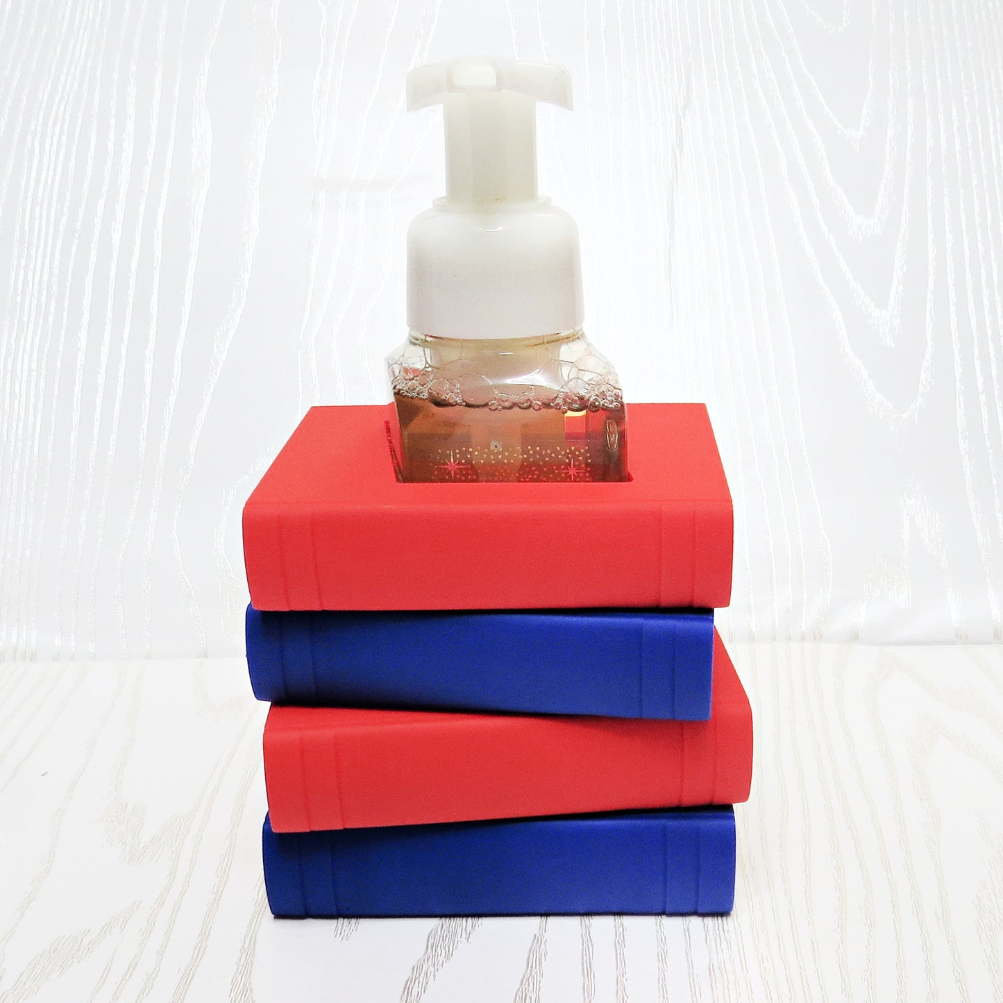 Stacked Books Foaming Soap Bottle Holder – Cute 3D Printed Red and Blue Book Stack – Bath and Body Works Foaming Soap Dispenser Stand – Teacher Appreciation Classroom Desk Bathroom Decor – Book Lover Reader Librarian Gift