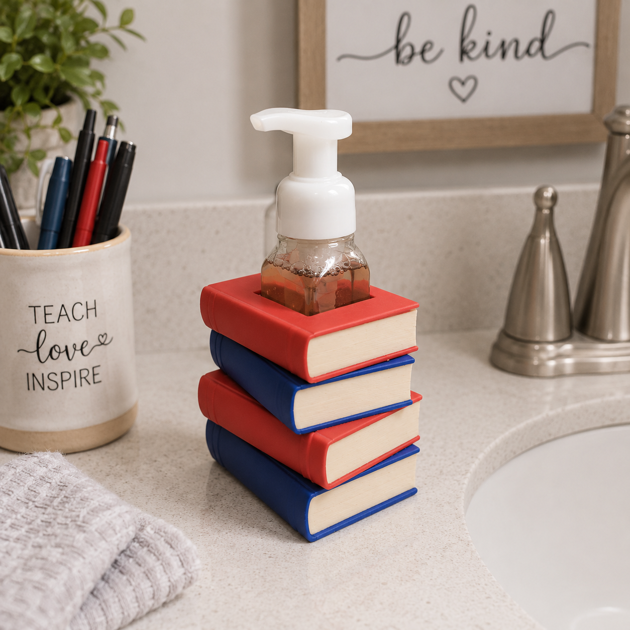 Stacked Books Foaming Soap Bottle Holder – Cute 3D Printed Red and Blue Book Stack – Bath and Body Works Foaming Soap Dispenser Stand – Teacher Appreciation Classroom Desk Bathroom Decor – Book Lover Reader Librarian Gift