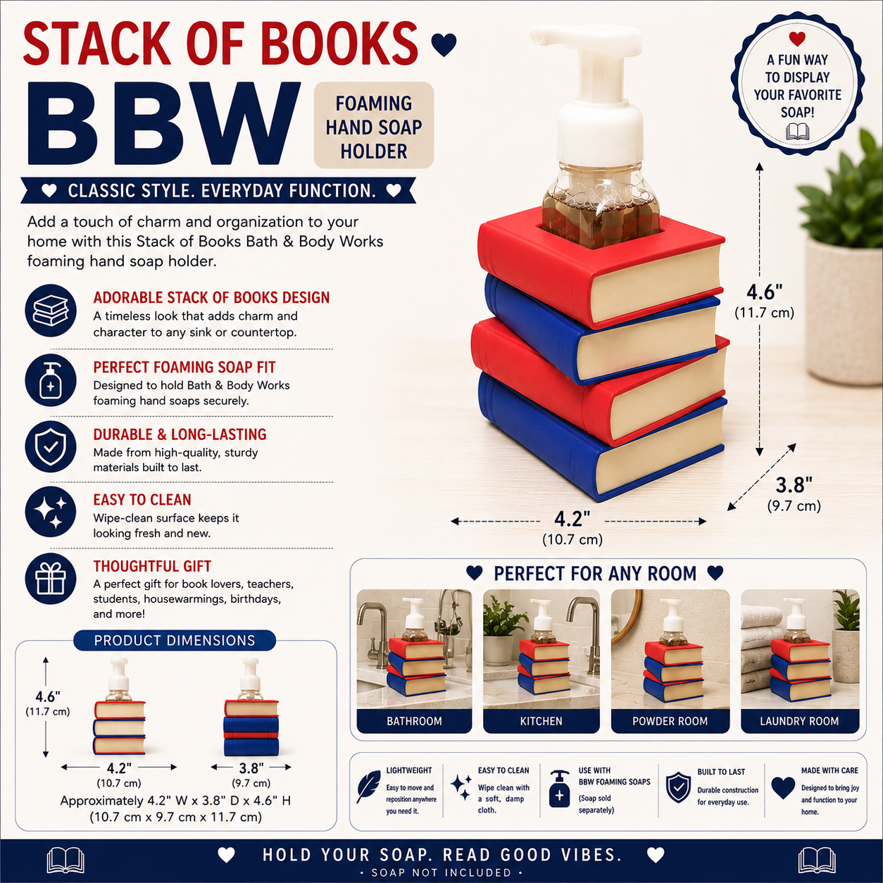 Stacked Books Foaming Soap Bottle Holder – Cute 3D Printed Red and Blue Book Stack – Bath and Body Works Foaming Soap Dispenser Stand – Teacher Appreciation Classroom Desk Bathroom Decor – Book Lover Reader Librarian Gift