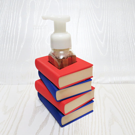 red-blue-3d-printed-stacked-books-foaming-soap-holder-cream-page-edges-teacher-book-lover-bathroom-desk-decor