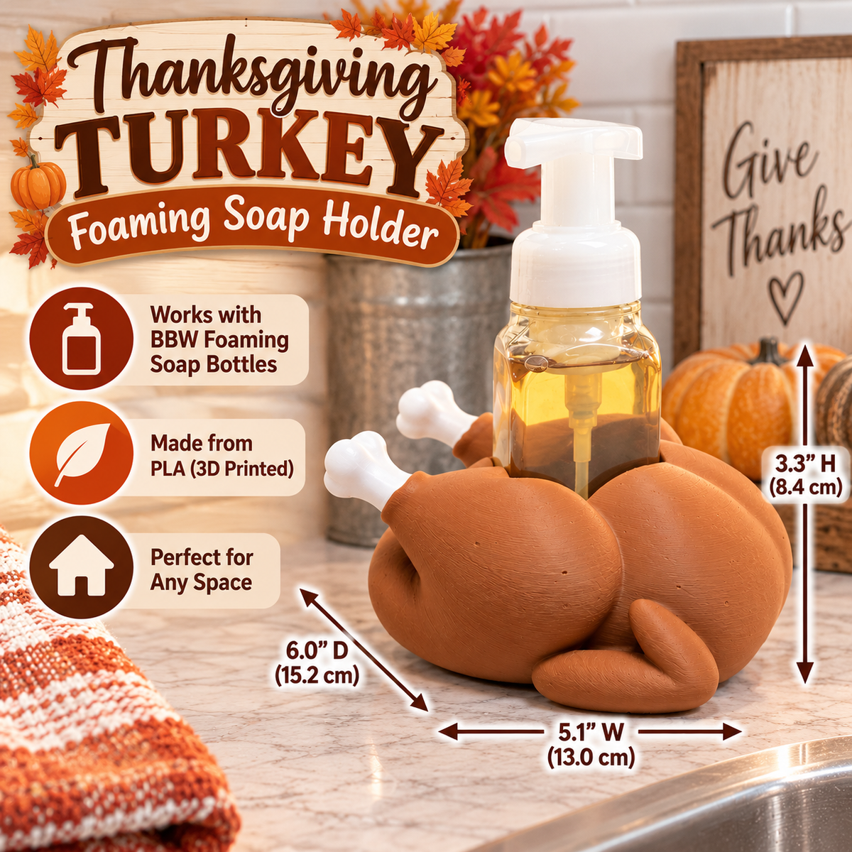 Thanksgiving Turkey Foaming Soap Holder – Fall Kitchen & Bathroom Decor