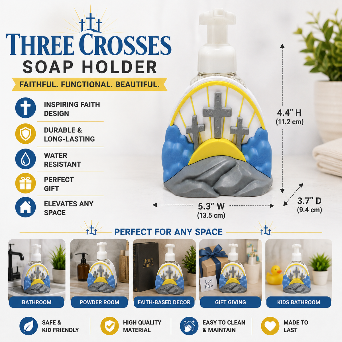 Three Crosses Foaming Soap Bottle Holder – 3D Printed Christian Faith Sunrise Hillside Scene – Bath and Body Works Foaming Soap Dispenser Stand – Religious Bathroom Kitchen Decor – Easter Church Faith Gift