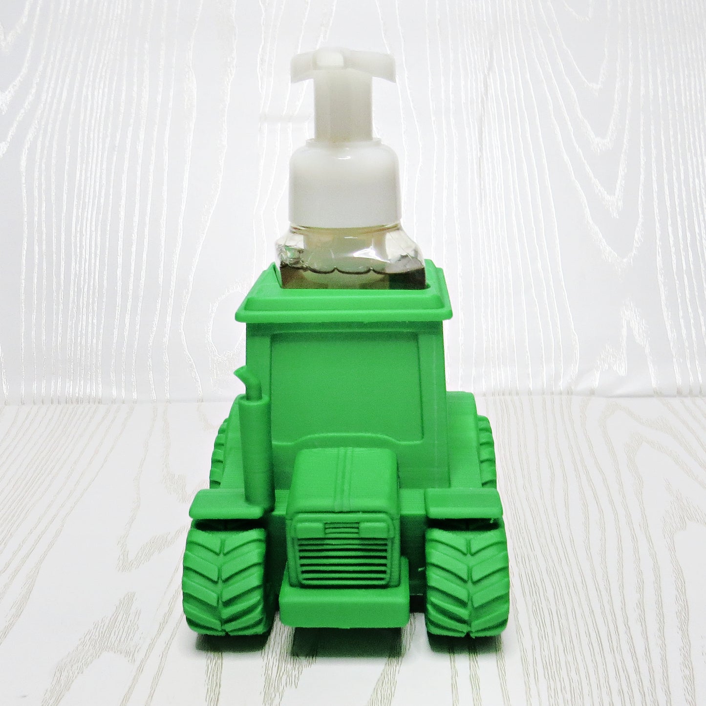 
green-3d-printed-farm-tractor-foaming-soap-holder-treaded-tires-grille-cab-farmhouse-bathroom-decor