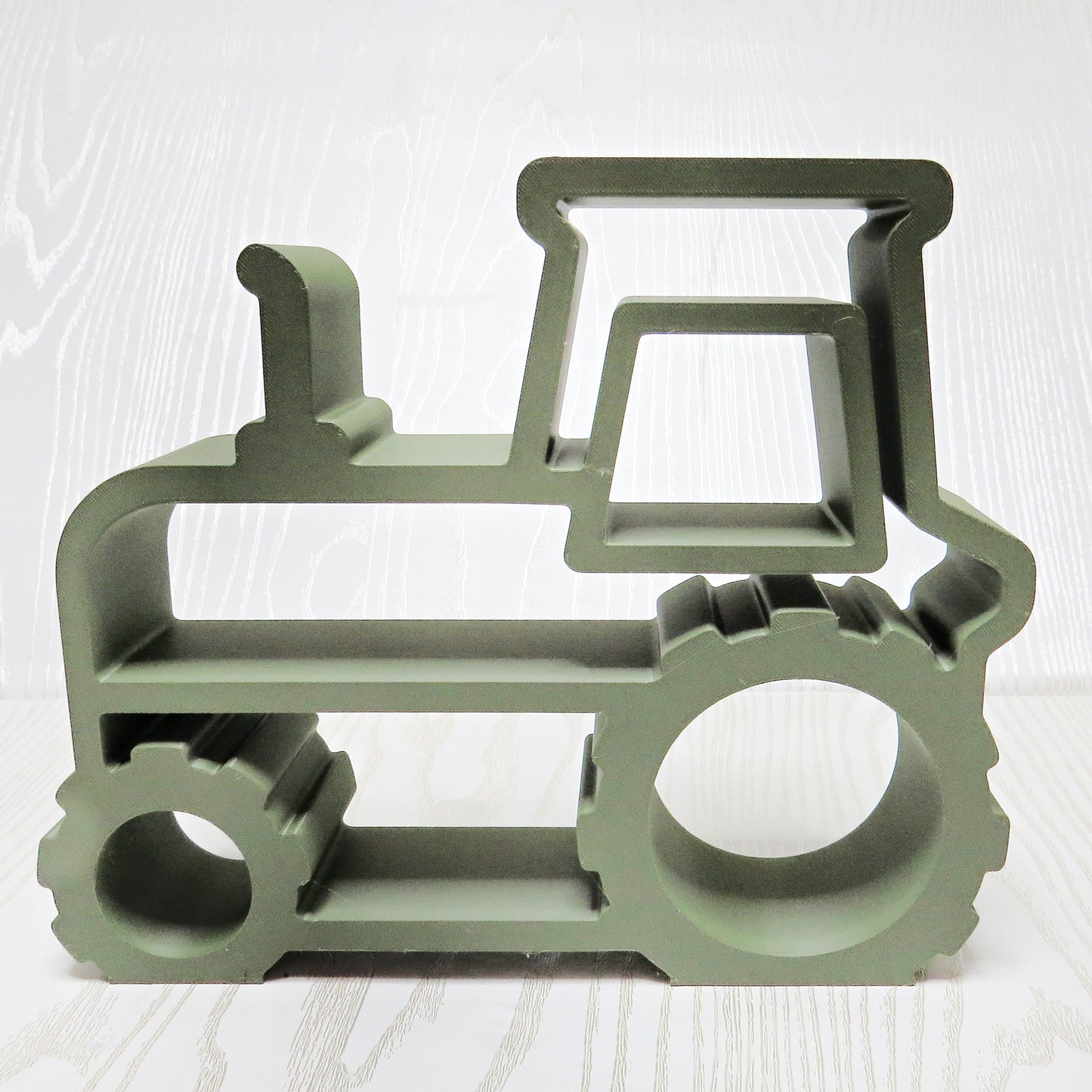 olive-sage-green-3d-printed-farm-tractor-open-frame-trinket-shelf-cab-smokestack-treaded-wheels-farmhouse-kids-room-decor