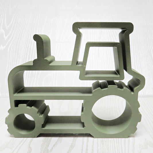 olive-sage-green-3d-printed-farm-tractor-open-frame-trinket-shelf-cab-smokestack-treaded-wheels-farmhouse-kids-room-decor