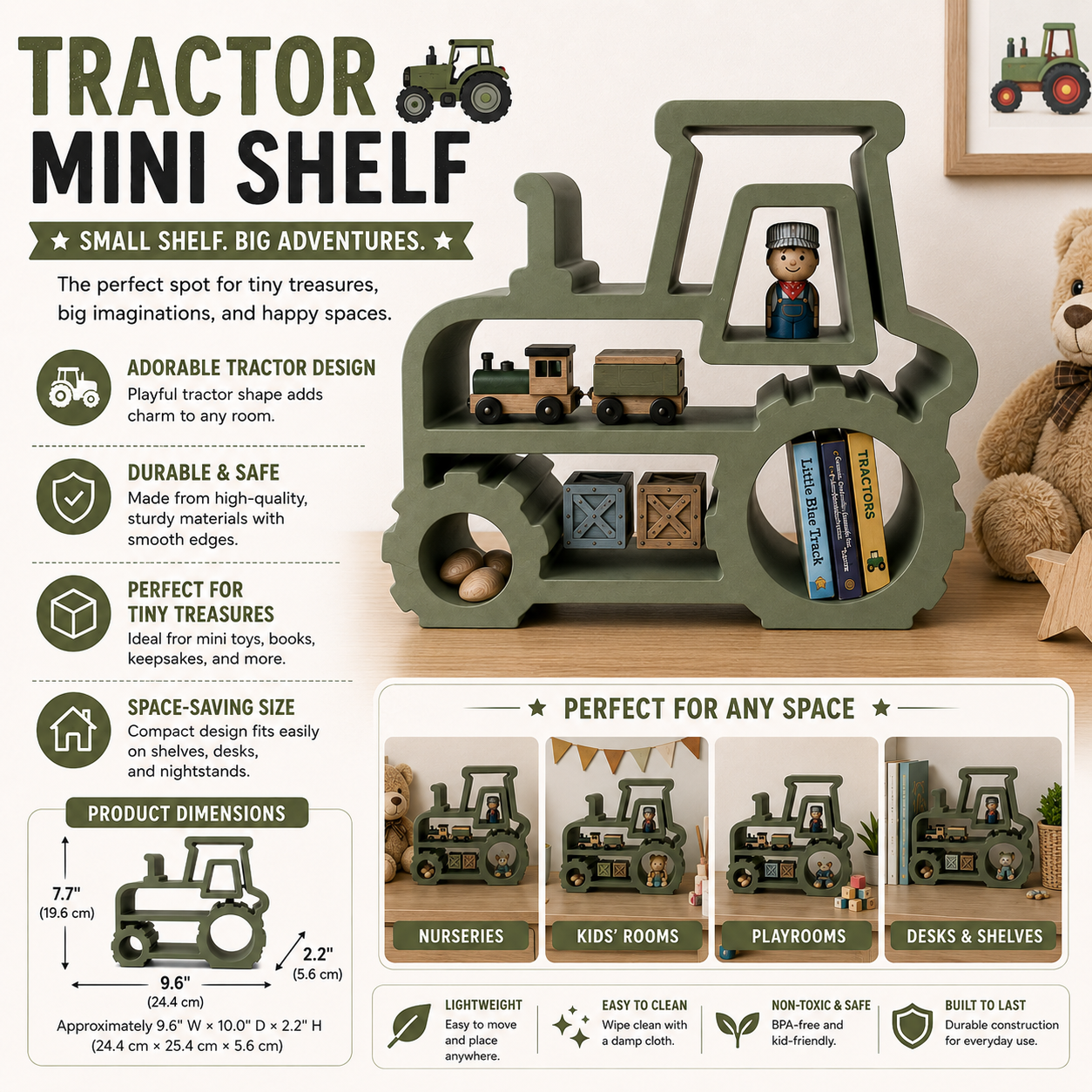 Tractor Mini Shelf – 3D Printed Olive Green Farm Tractor Open Frame Trinket Organizer – Kids Room Playroom Bedroom Desk Display Stand – Farmhouse Country Decor – Tractor Lover Farm Kids Gift