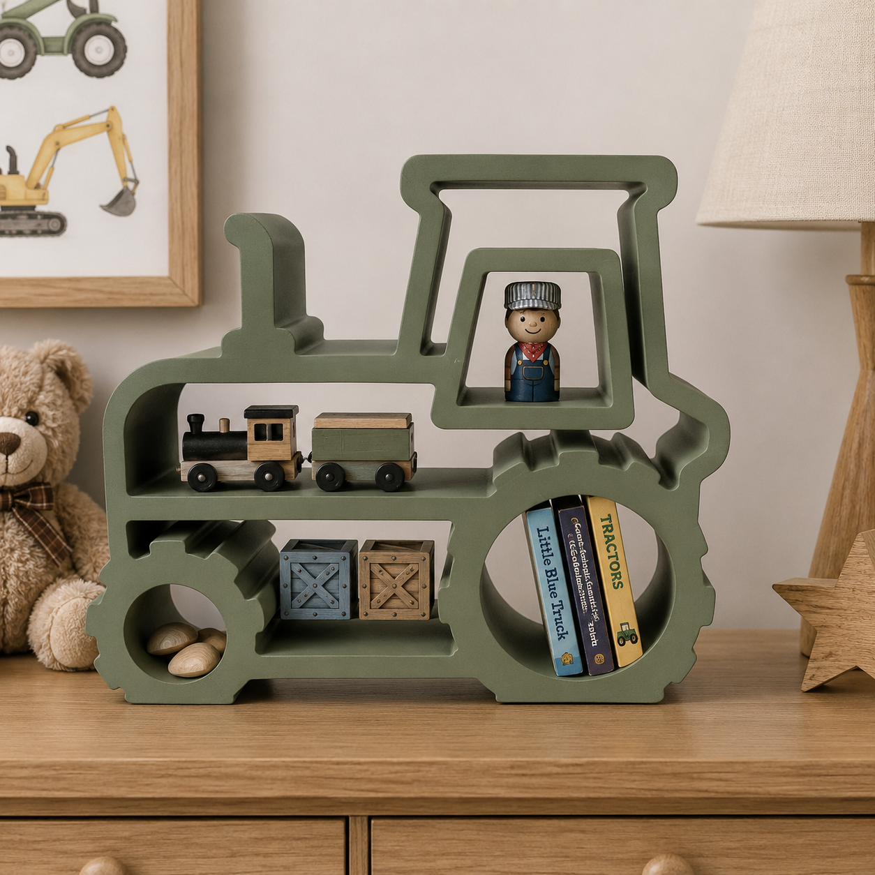 Tractor Mini Shelf – 3D Printed Olive Green Farm Tractor Open Frame Trinket Organizer – Kids Room Playroom Bedroom Desk Display Stand – Farmhouse Country Decor – Tractor Lover Farm Kids Gift