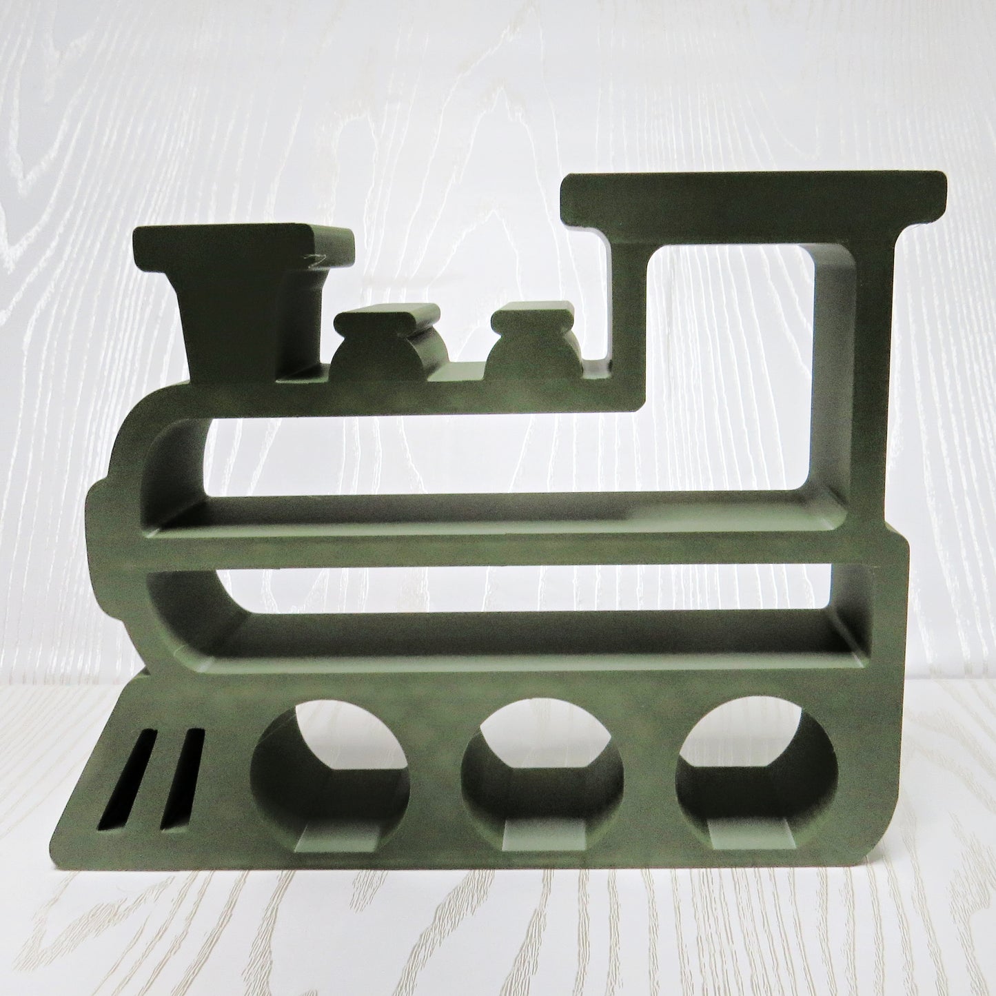 olive-green-3d-printed-steam-engine-train-locomotive-multi-tier-open-shelf-smokestack-wheel-arch-kids-room-decor
