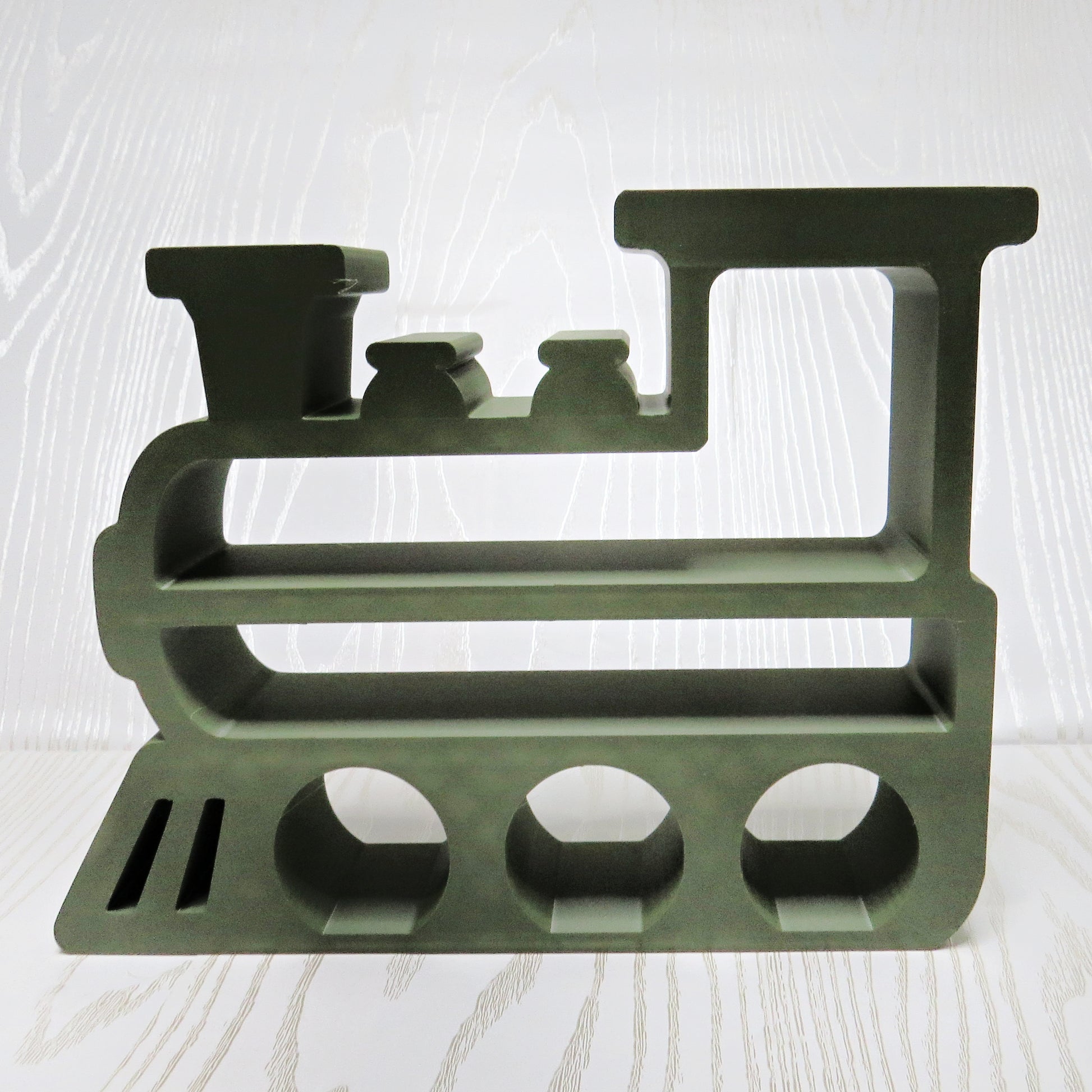 olive-green-3d-printed-steam-engine-train-locomotive-multi-tier-open-shelf-smokestack-wheel-arch-kids-room-decor
