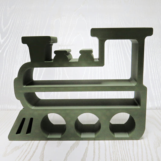 olive-green-3d-printed-steam-engine-train-locomotive-multi-tier-open-shelf-smokestack-wheel-arch-kids-room-decor
