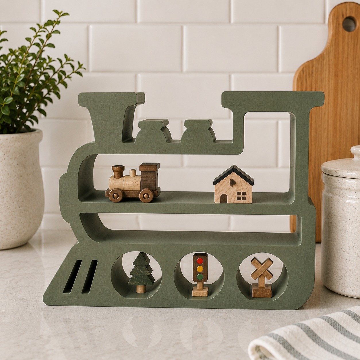 Train Shelf – 3D Printed Olive Green Steam Engine Locomotive Silhouette with Multi-Tier Display – Freestanding Kids Room Playroom Trinket Organizer – Railroad Train Lover Boys Room Decor Gift