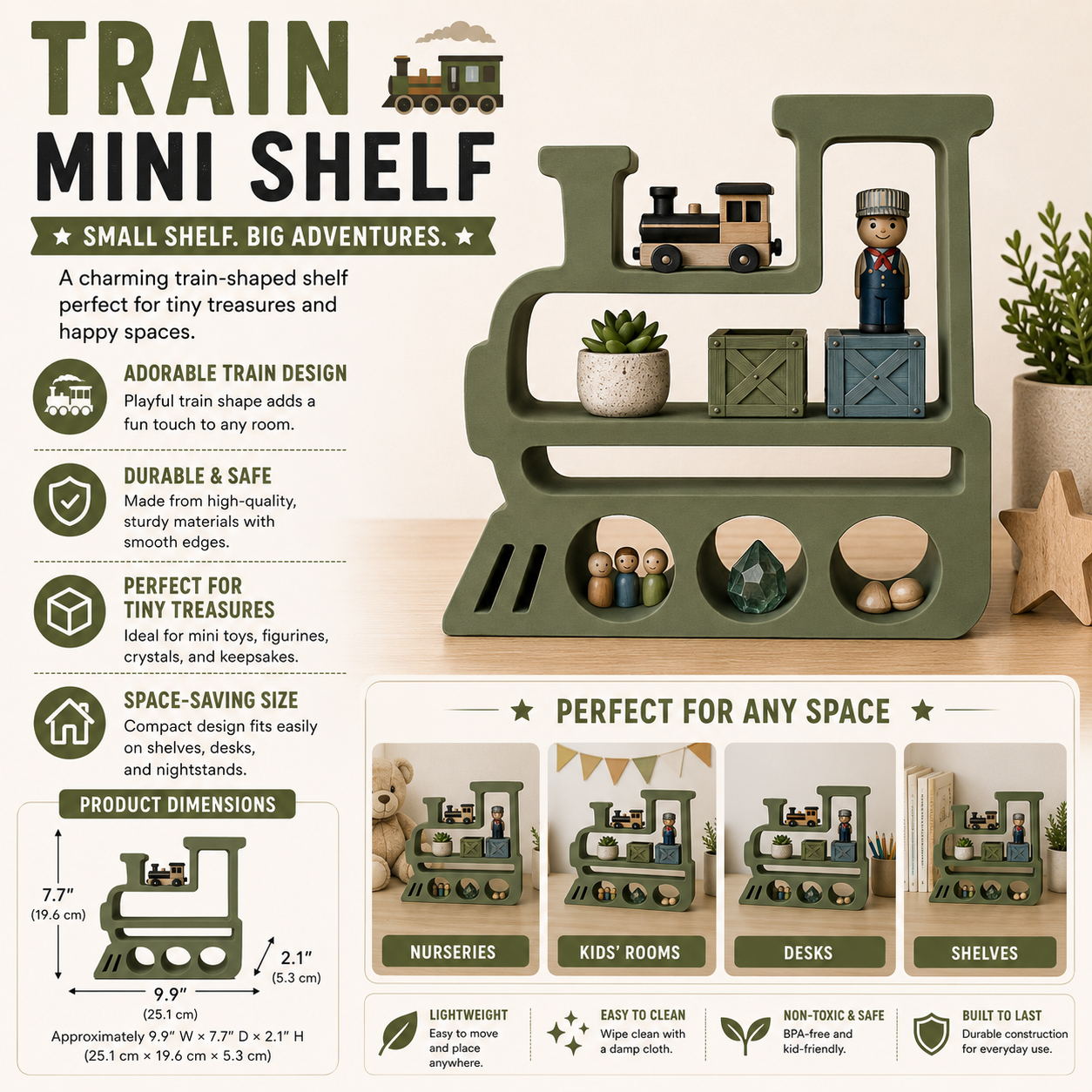 Train Shelf – 3D Printed Olive Green Steam Engine Locomotive Silhouette with Multi-Tier Display – Freestanding Kids Room Playroom Trinket Organizer – Railroad Train Lover Boys Room Decor Gift