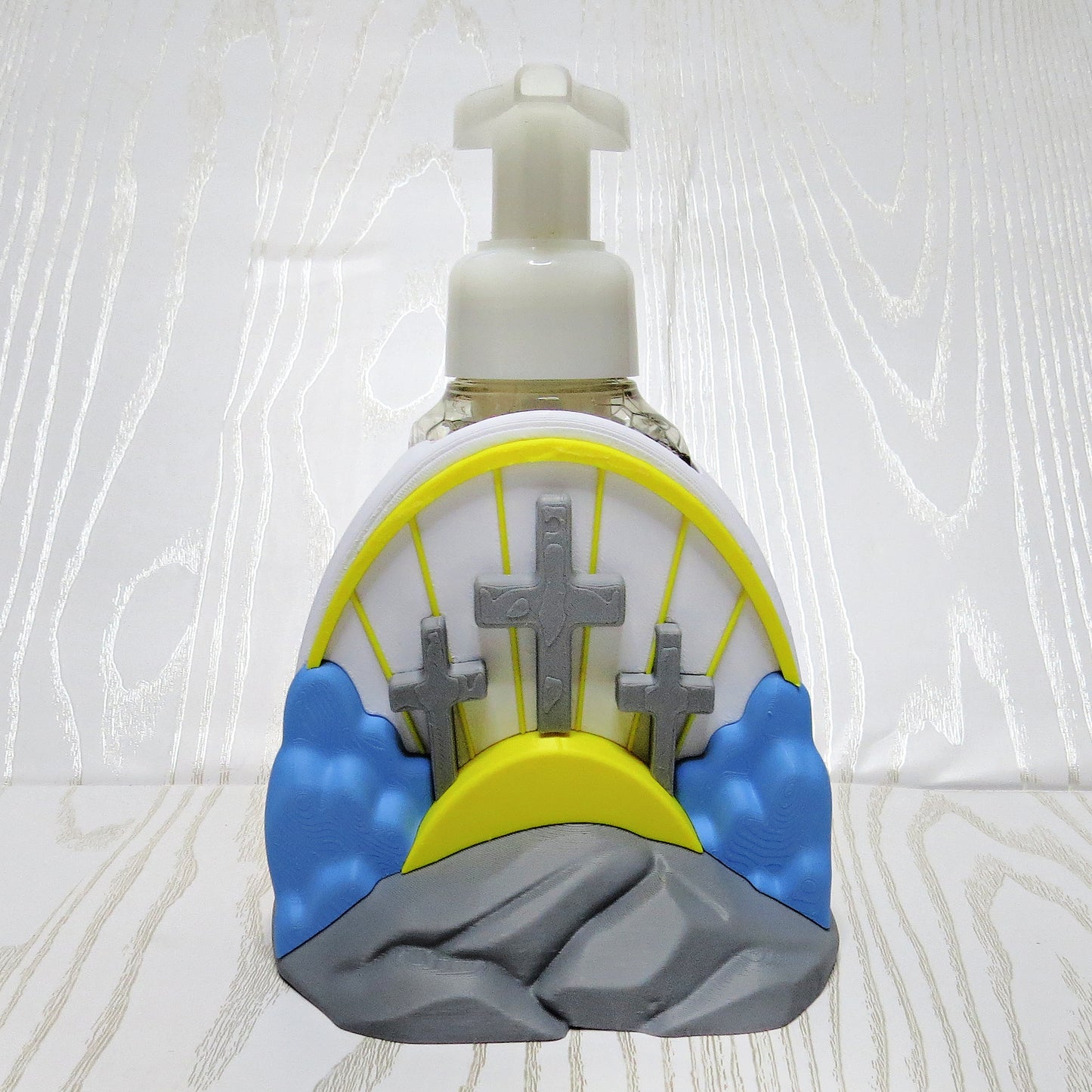 3d-printed-three-crosses-sunrise-hillside-foaming-soap-holder-grey-yellow-blue-christian-faith-bathroom-decor