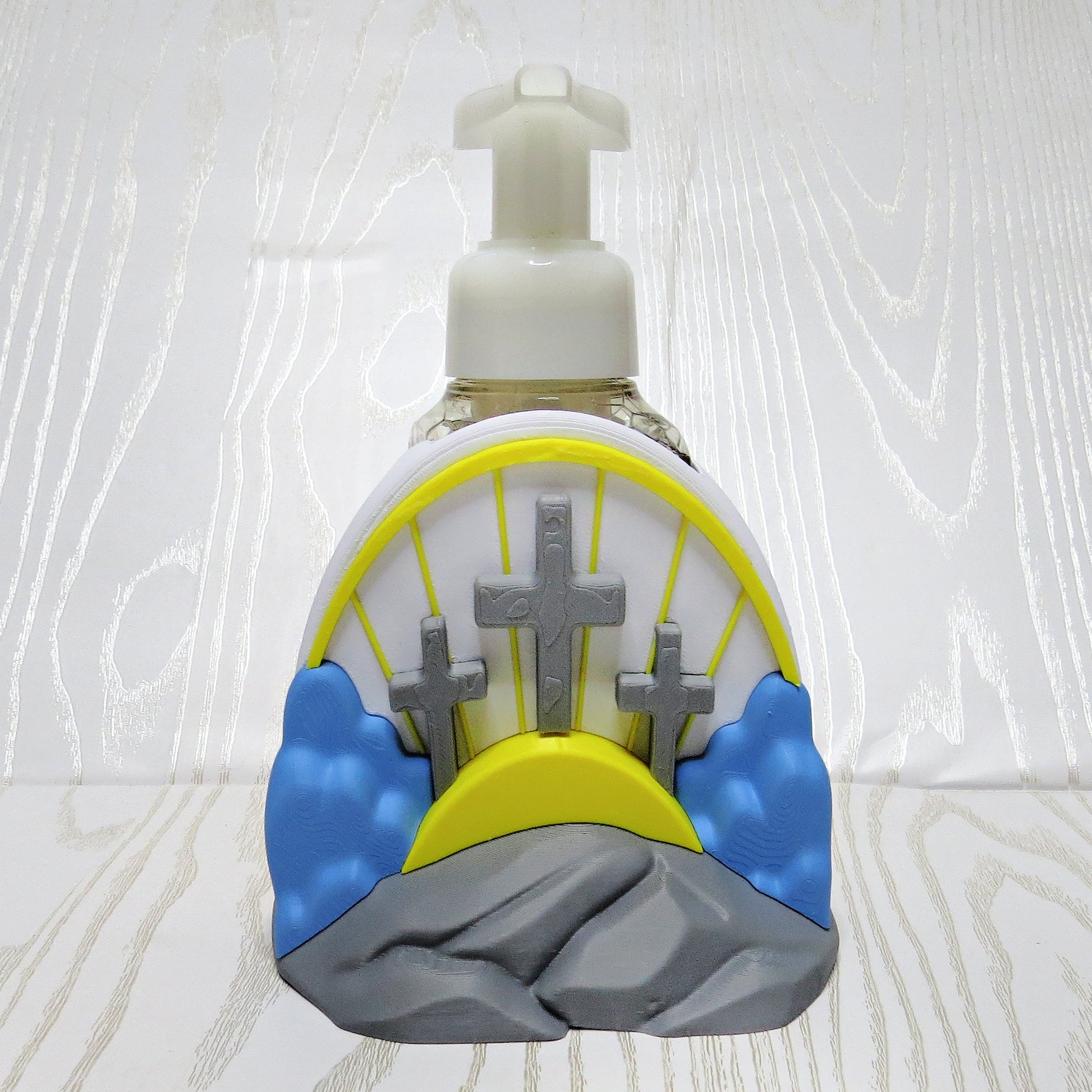 3d-printed-three-crosses-sunrise-hillside-foaming-soap-holder-grey-yellow-blue-christian-faith-bathroom-decor