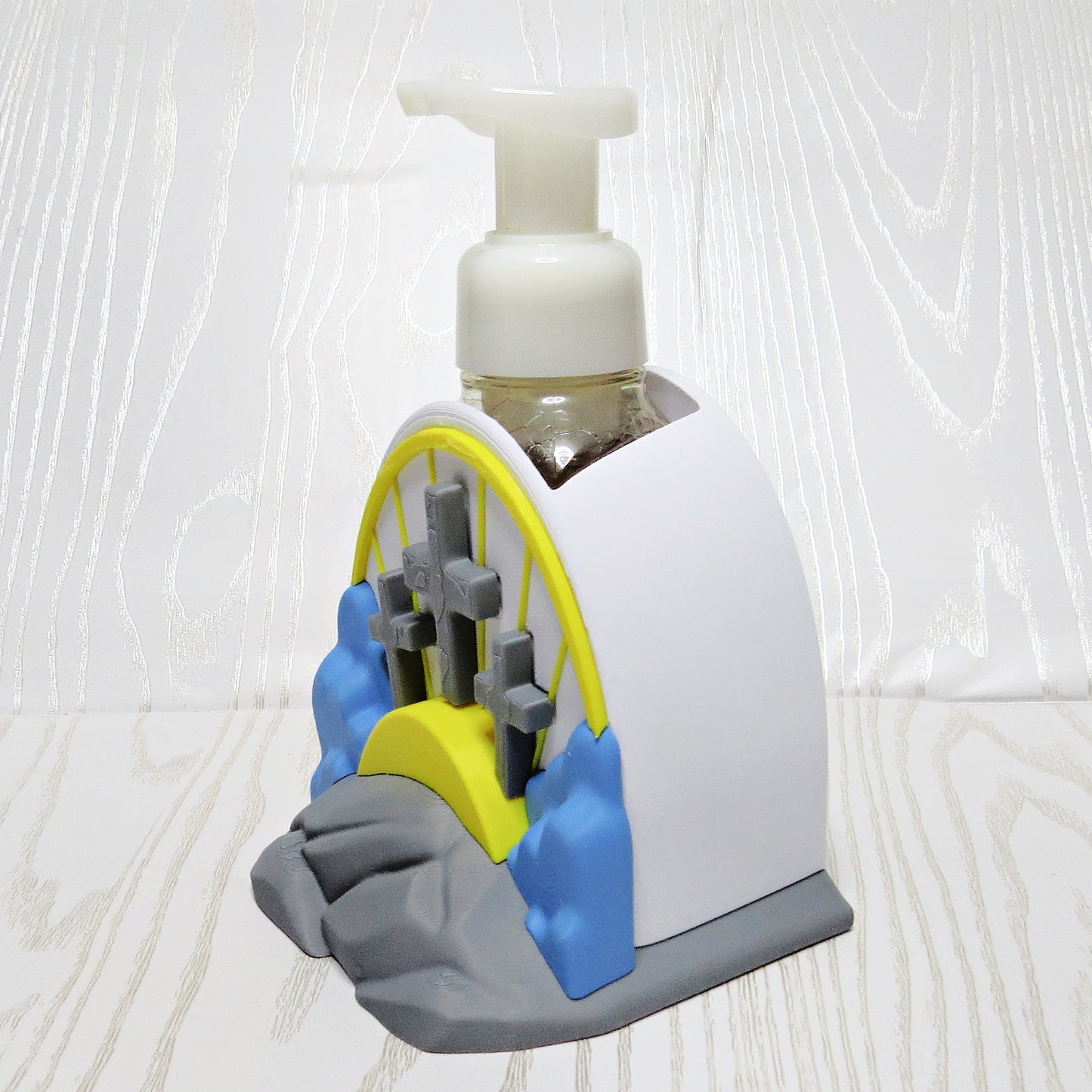 Three Crosses Foaming Soap Bottle Holder – 3D Printed Christian Faith Sunrise Hillside Scene – Bath and Body Works Foaming Soap Dispenser Stand – Religious Bathroom Kitchen Decor – Easter Church Faith Gift