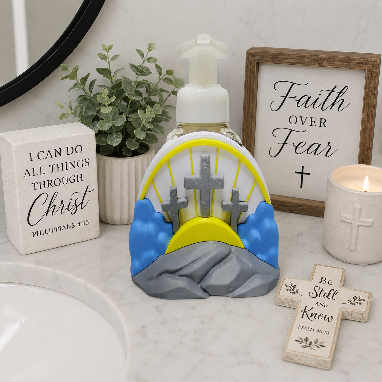 Three Crosses Foaming Soap Bottle Holder – 3D Printed Christian Faith Sunrise Hillside Scene – Bath and Body Works Foaming Soap Dispenser Stand – Religious Bathroom Kitchen Decor – Easter Church Faith Gift