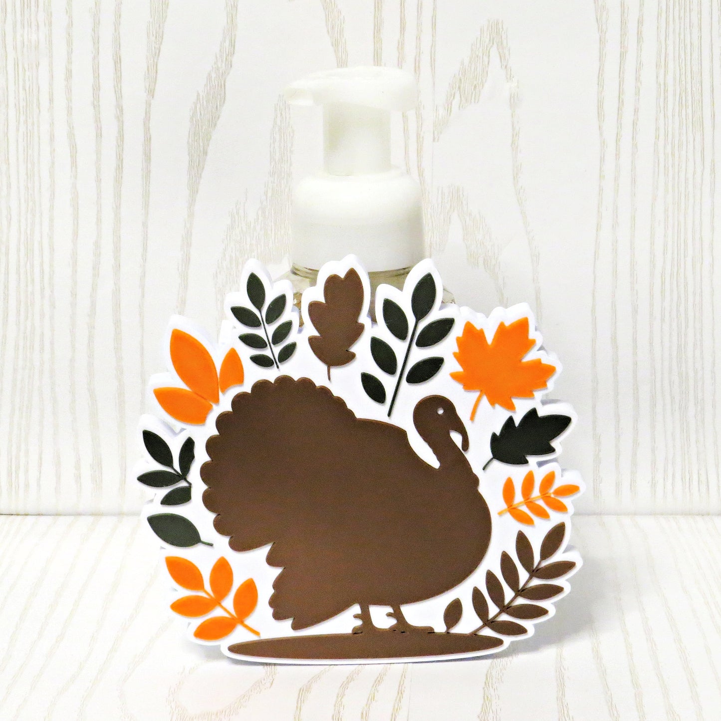 white-3d-printed-turkey-silhouette-fall-leaves-orange-green-brown-foaming-soap-holder-thanksgiving-harvest-bathroom-decor