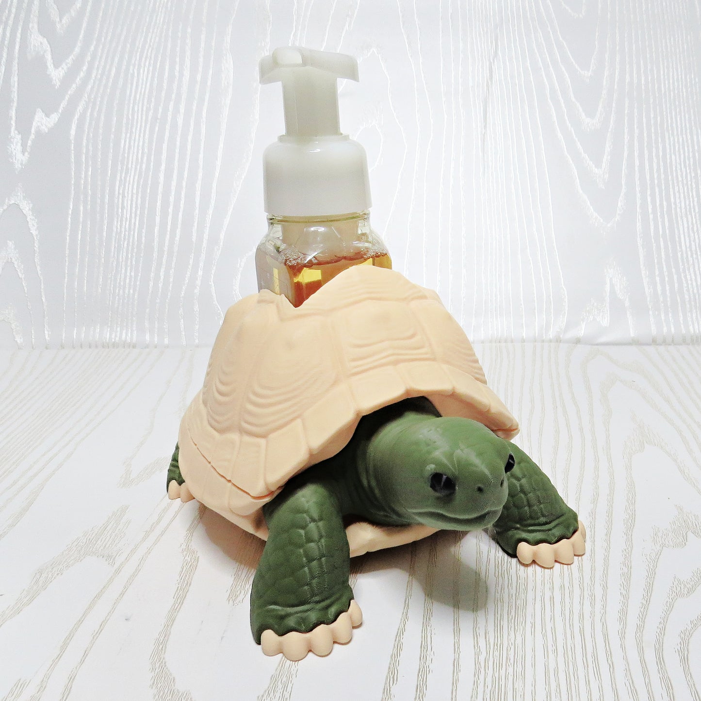 Sea turtle foaming soap holder designed for BBW foaming soap bottles displayed as coastal bathroom and kitchen decor