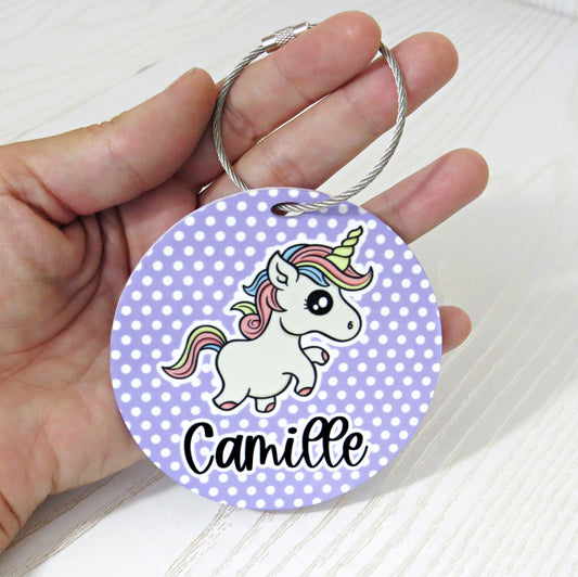 personalized-unicorn-bag-tag-rainbow-mane-custom-name-purple-polka-dot-background