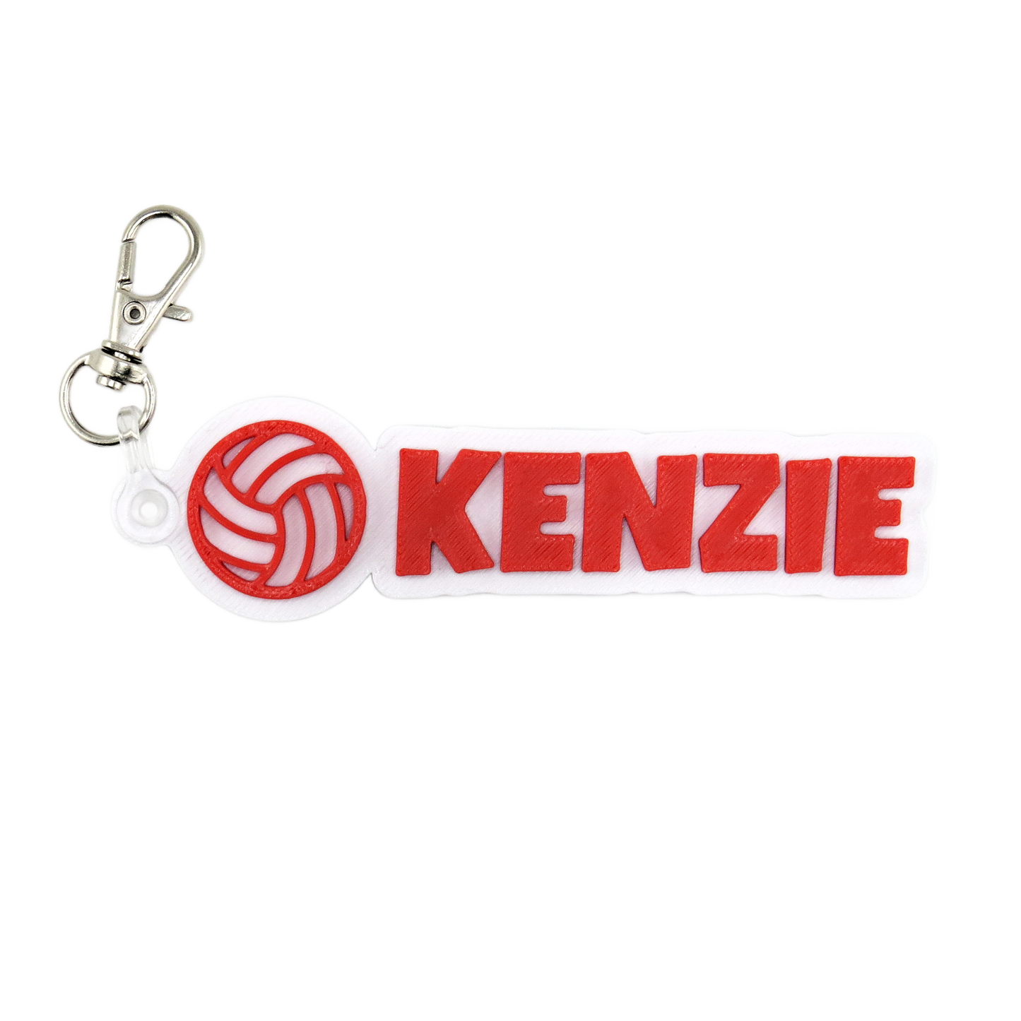 Personalized 3D printed volleyball keychain with custom name in red and white attached to metal clasp for sports backpack bag tag