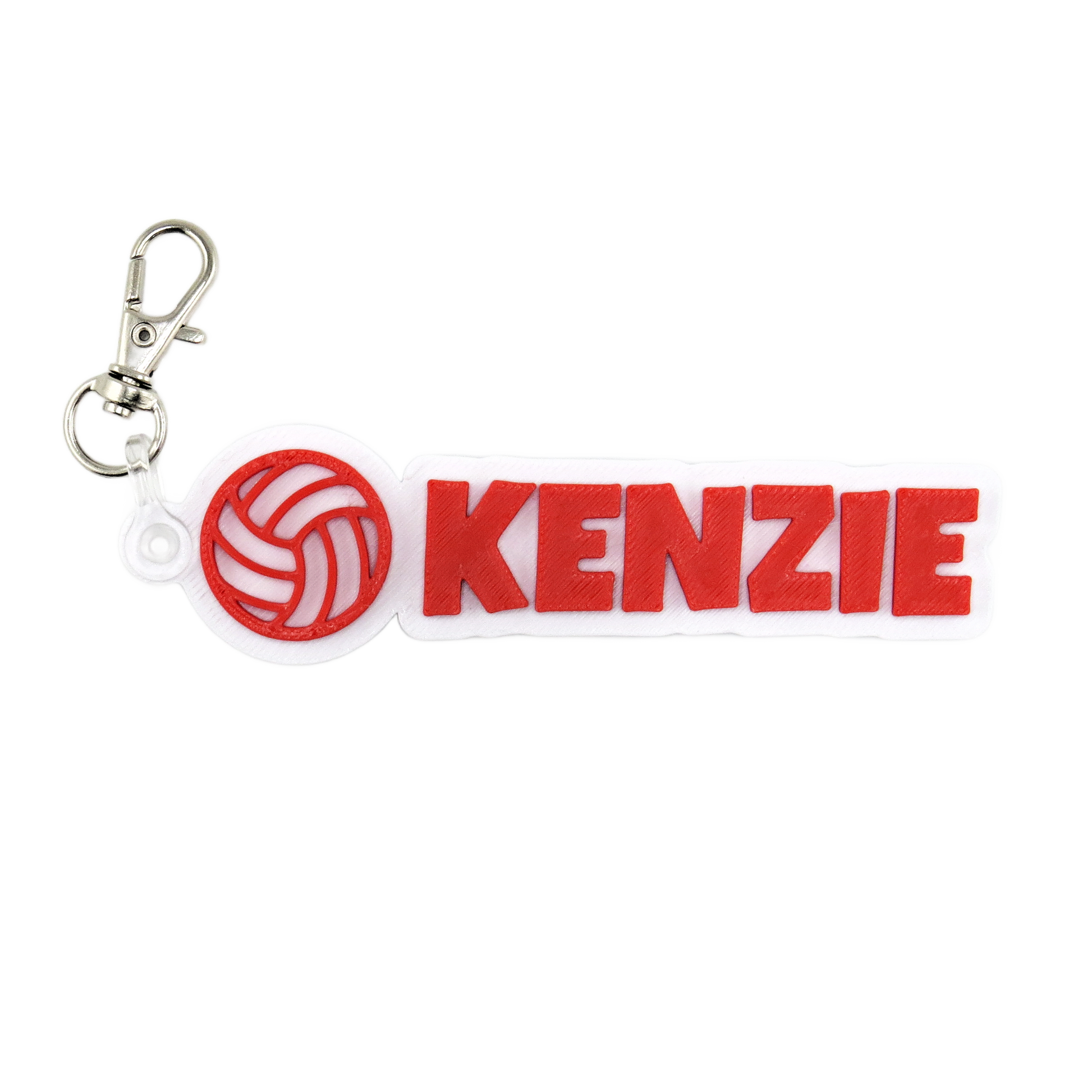 Personalized 3D printed volleyball keychain with custom name in red and white attached to metal clasp for sports backpack bag tag