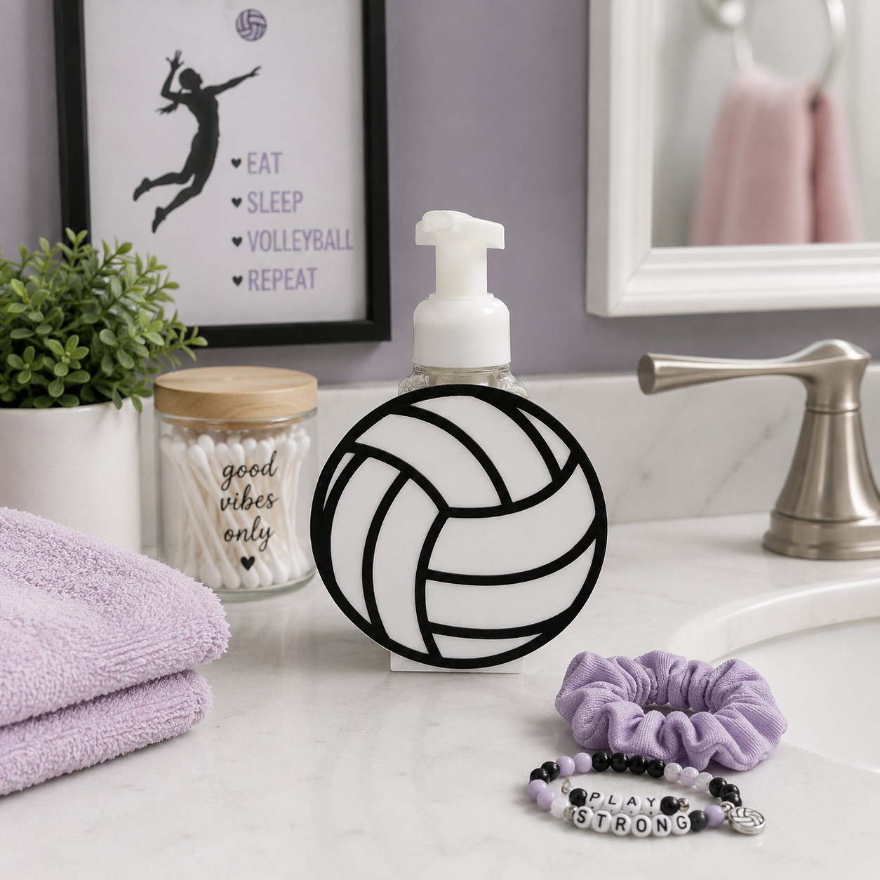 Volleyball Foaming Soap Bottle Holder – Cute 3D Printed White and Black Volleyball – Bath and Body Works Foaming Soap Dispenser Stand – Sports Fan Bathroom Kitchen Counter Decor – Volleyball Player Mom Coach Gift