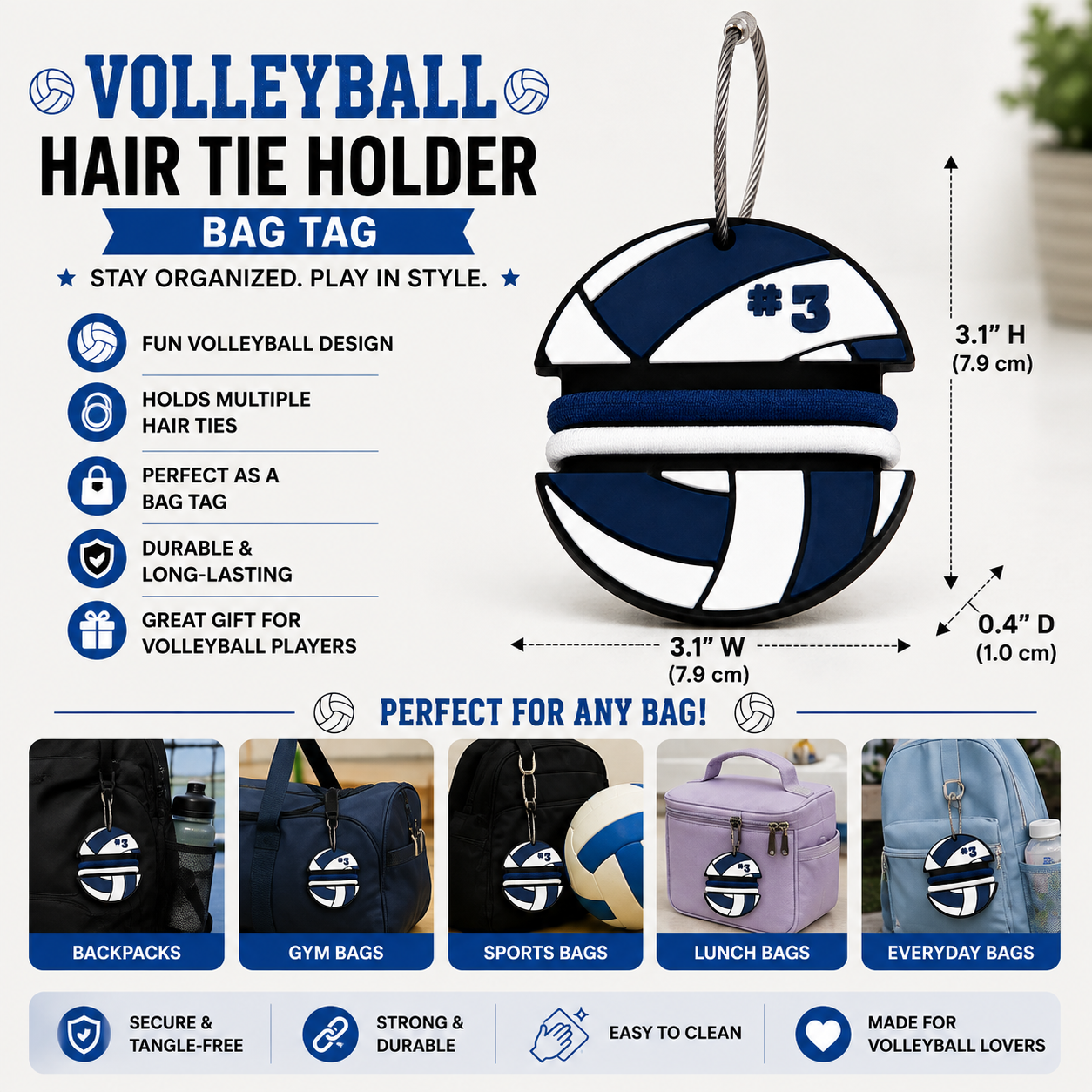 Volleyball Hair Tie Bag Tag – 3D Printed Personalized Jersey Number Sports Accessory