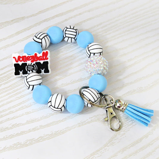 Volleyball Mom Silicone Beaded Keychain Wristlet – Blue Game Day Bracelet with Tassel