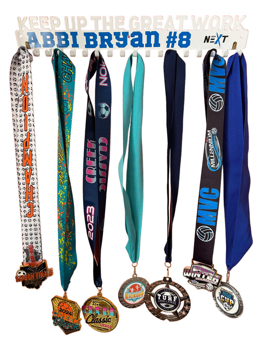 White Metal Medal Hanger Display for Sports Ribbons with Name - Decorative Trophy Holder Championship Winner Rack - Keep Up the Great Work - Wall Medals - Custom Text Tournament