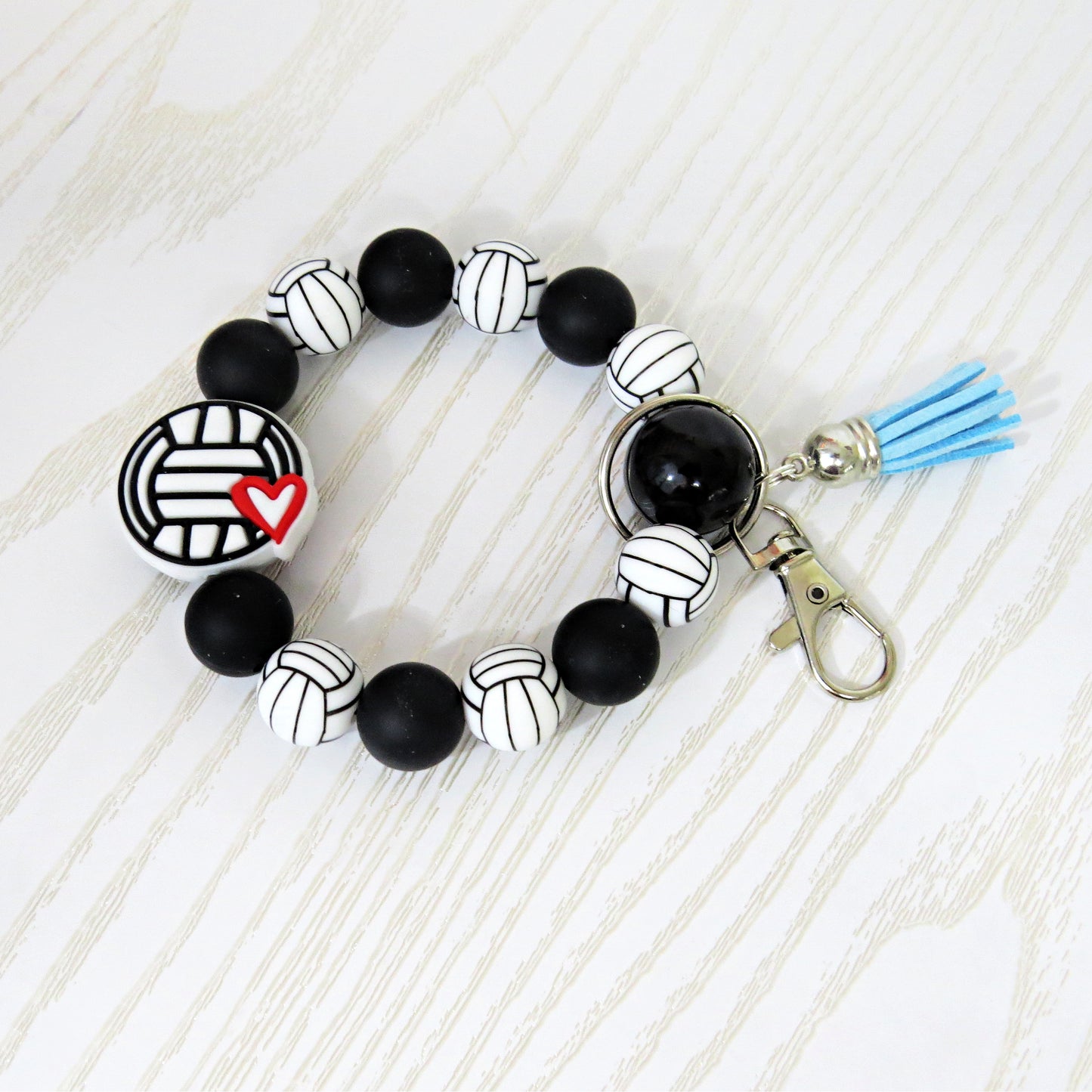 Volleyball Heart Silicone Keychain Beaded Wristlet - Custom Color Car Key Ring Bracelet with Tassel - Handmade Gift for Team Coaches, Moms, Players & Fans