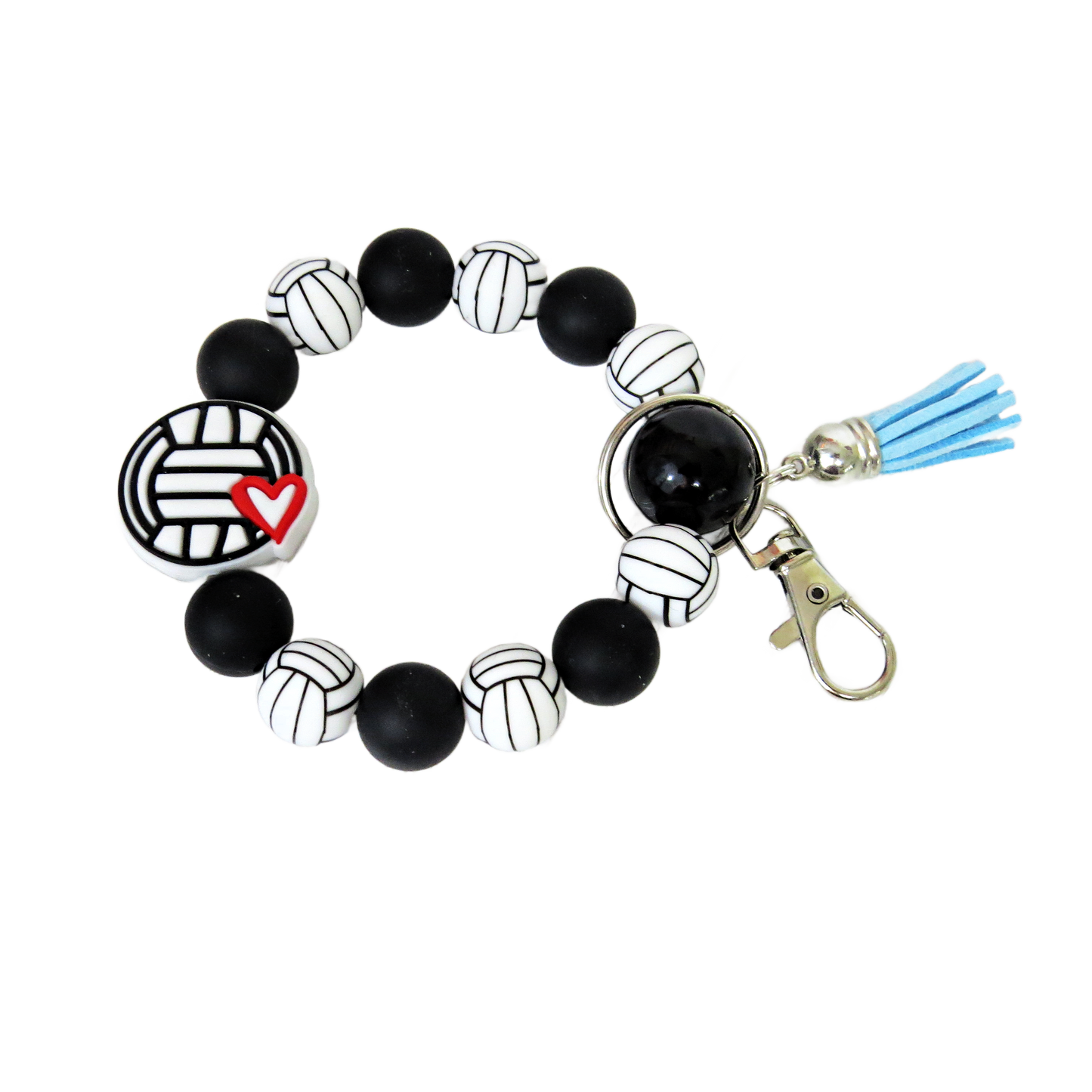 Volleyball Heart Silicone Keychain Beaded Wristlet - Custom Color Car Key Ring Bracelet with Tassel - Handmade Gift for Team Coaches, Moms, Players & Fans