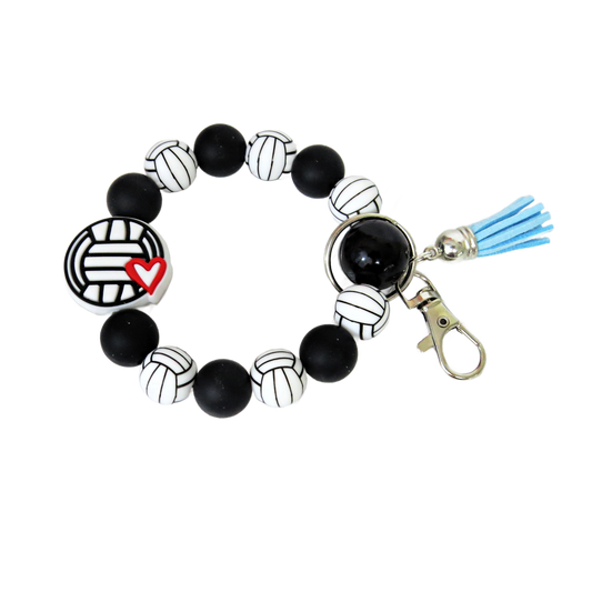 Volleyball Heart Silicone Keychain Beaded Wristlet - Custom Color Car Key Ring Bracelet with Tassel - Handmade Gift for Team Coaches, Moms, Players & Fans