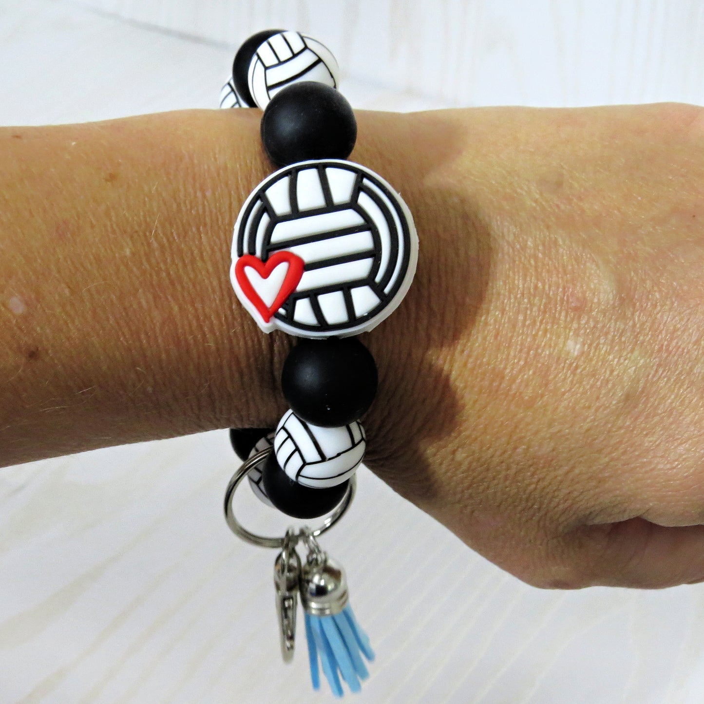 Volleyball Heart Silicone Keychain Beaded Wristlet - Custom Color Car Key Ring Bracelet with Tassel - Handmade Gift for Team Coaches, Moms, Players & Fans