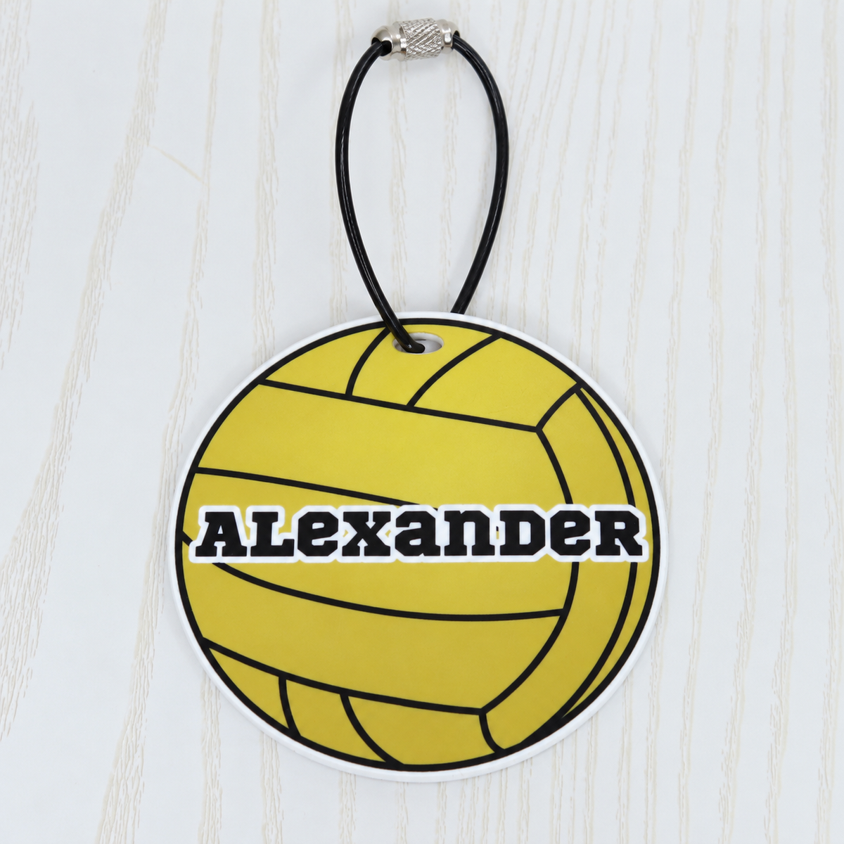 Personalized yellow water polo ball bag tag with custom name