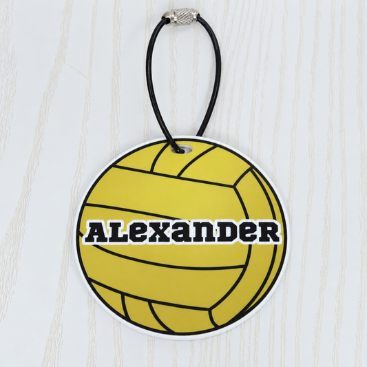 Personalized yellow water polo ball bag tag with custom name