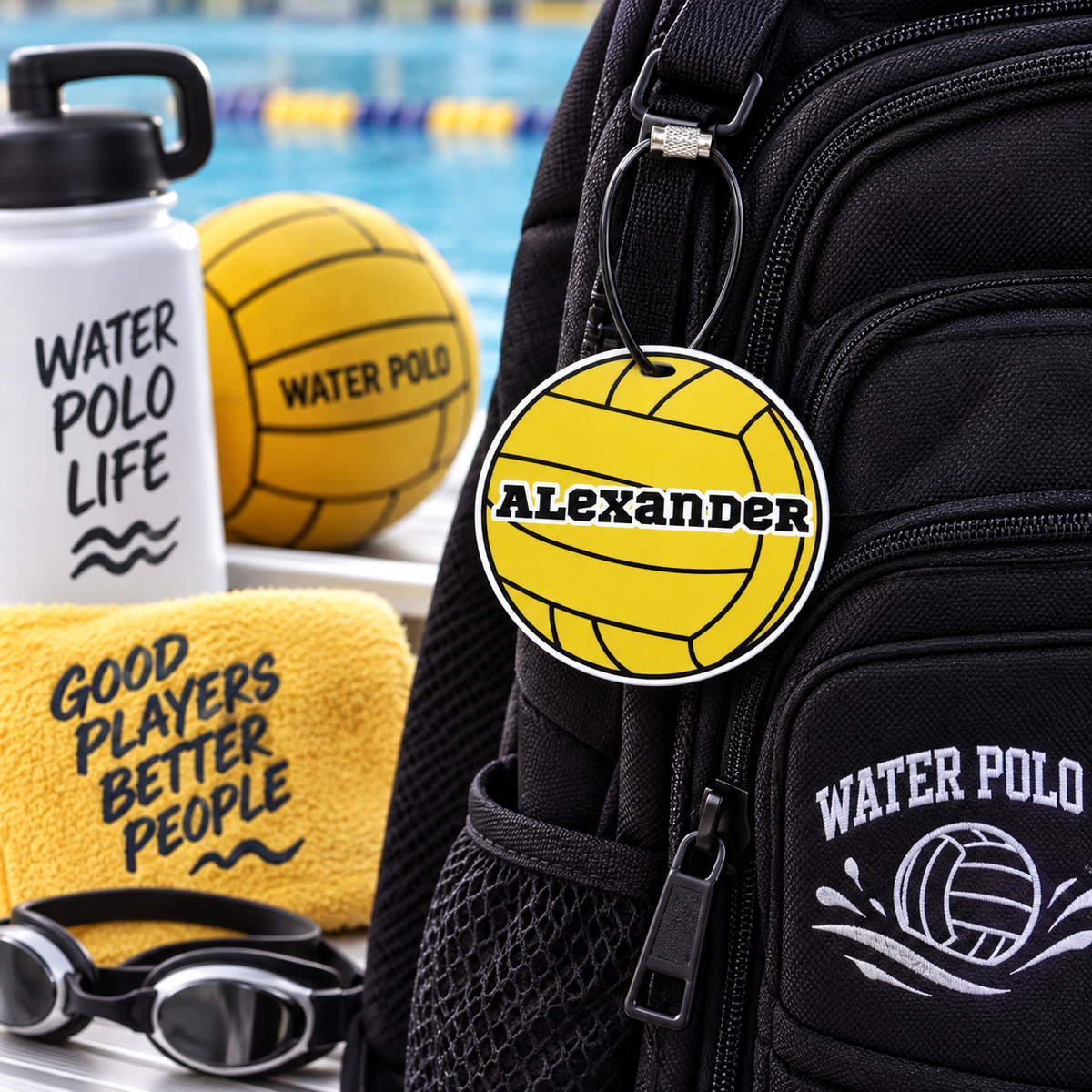 Personalized Water Polo Bag Tag — Custom Name Keychain for Swim and Sports Bags