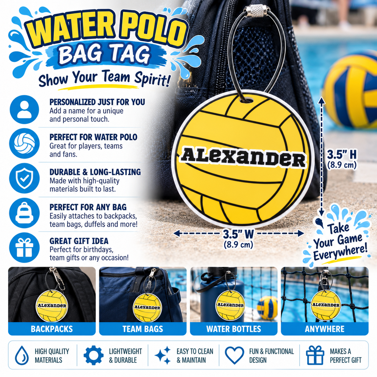 Personalized Water Polo Bag Tag — Custom Name Keychain for Swim and Sports Bags
