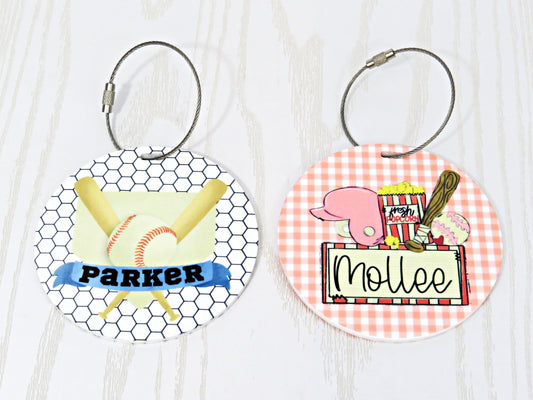 Vintage Baseball Softball Sports Bag Tag Personalized with Name - Kids Bag Name Tag Keychain