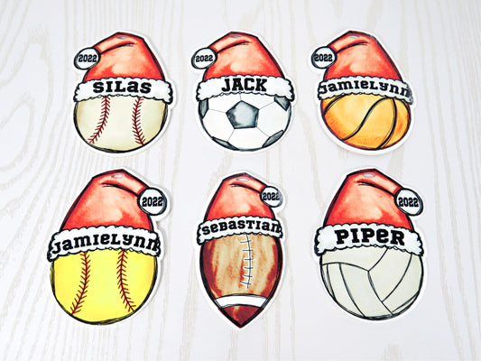 personalized-sports-christmas-ornaments-set-santa-hat-custom-name-baseball-soccer-basketball-softball-football-volleyball