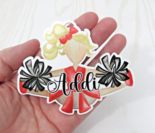 Custom Cheerleader Bag Tag with Name – Choose Hair and Team Colors – Personalized Cheerleader Backpack Charm