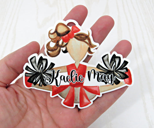 Custom Cheerleader Bag Tag with Name – Choose Hair and Team Colors – Personalized Cheerleader Backpack Charm