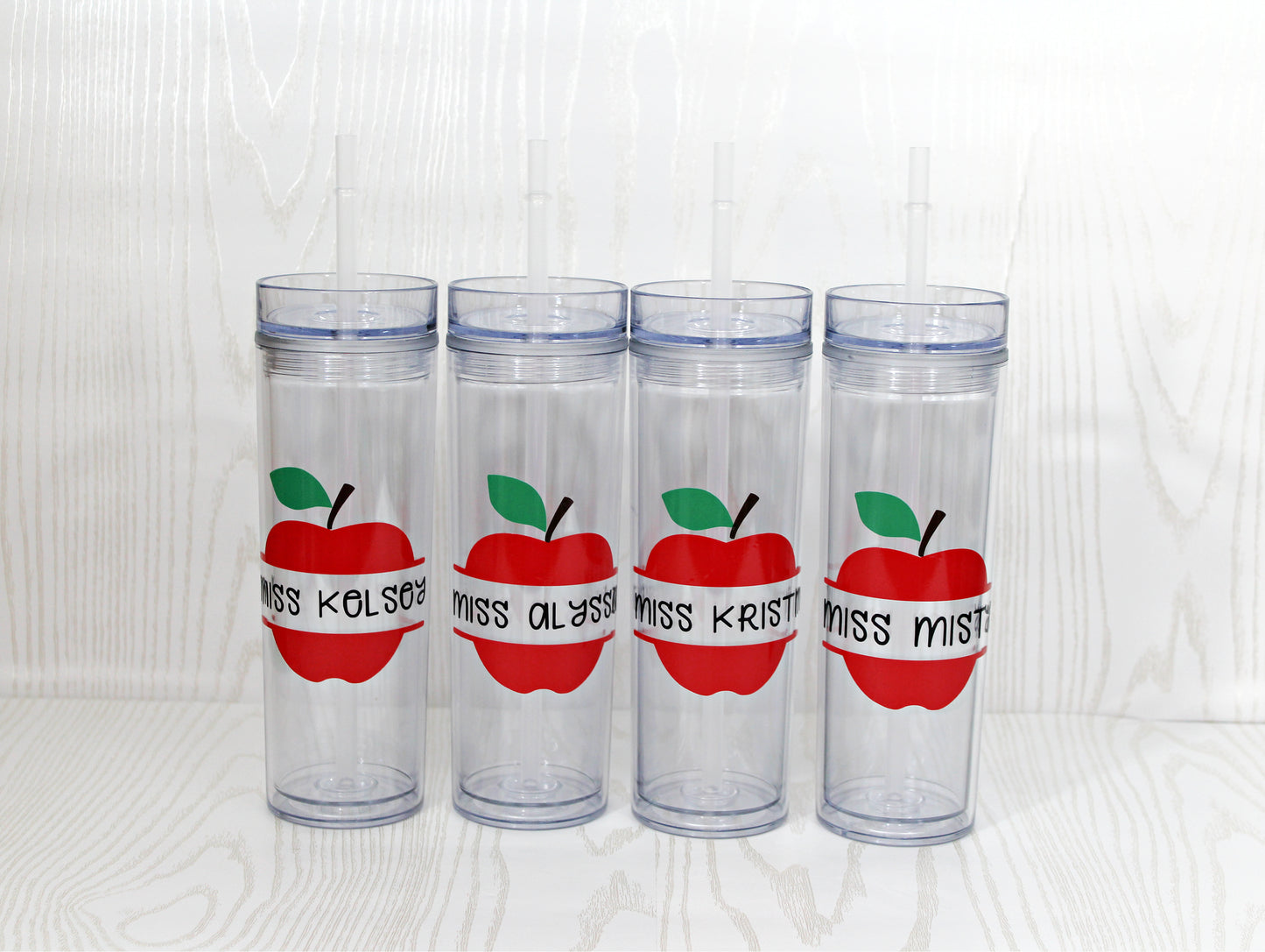 Personalized Apple Teacher Tumbler – Custom Name 16 oz Acrylic Cup with Straw