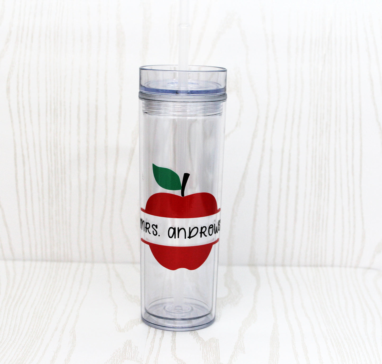 Personalized Apple Teacher Tumbler – Custom Name 16 oz Acrylic Cup with Straw