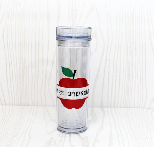 Personalized Apple Teacher Tumbler – Custom Name 16 oz Acrylic Cup with Straw